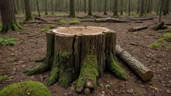 En lemstump i en skog med noen logger liggende ved siden av.