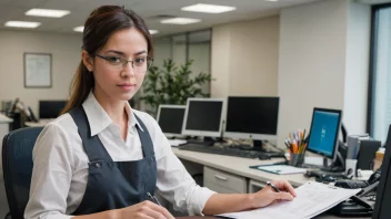 En person som arbeider på et kontor med bransjespesifikke utstyr og dokumenter.