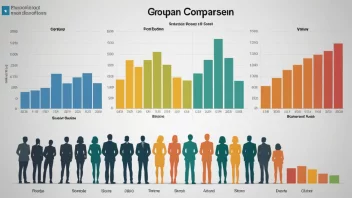 En illustrasjon av en gruppekomparasjon, med flere grupper av mennesker i ulike farger, og et diagram eller graf i bakgrunnen som viser sammenligningsresultatene.