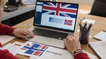 En person som arbeider på et skrivebord med papirer og en laptop, med et norsk flagg i bakgrunnen.