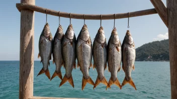 Tørket fisk som henger på en tre rekke, med havet i bakgrunnen.