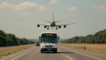 Et bilde av en buss som kjører på en vei med et fly som tar av i bakgrunnen, som illustrerer konseptet flybusskjøring