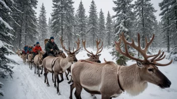 En gruppe mennesker på reinsdyrsafari i norsk villmark.