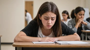 En person med et bekymret uttrykk, omgitt av mennesker eller i et overfylt rom, med en svak bakgrunn av en by eller en skole.