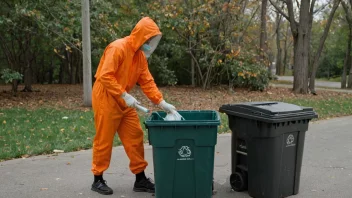 En søppelsamler i en lys orange jumpsuit som samler søppel fra en søppelkasse