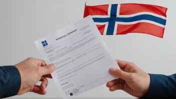 En person som holder et dokument med norsk flagg i bakgrunnen.