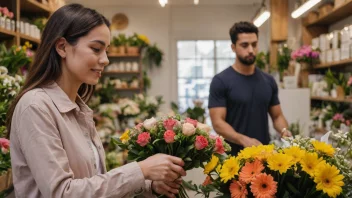 En person står ved en disk i en blomsterbutikk, omgitt av ulike typer blomster. De holder en bukett blomster og smiler på butikkeieren.