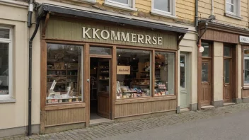 En liten butikk eller forretning med en skilt som sier 'Kommerse' på norsk.