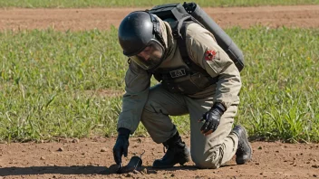 En minerydder, kledd i beskyttelsesutstyr, fjerner forsiktig en landmine fra jorden.