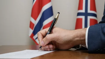 En person som signerer en kontrakt, med det norske flagget i bakgrunnen.