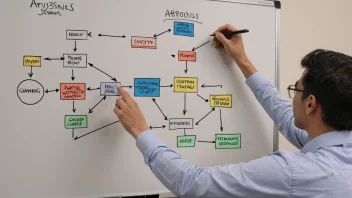 En person foran en whiteboard, tegner et flytdiagram med piler og bokser.