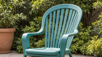 En komfortabel utendørsstol med tre-ramme og pute, plassert på en terrasse med en vakker hage i bakgrunnen.