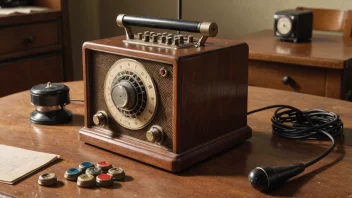 En gammeldags radiotelegrafmaskin på et trebord med en vintage stol i bakgrunnen.