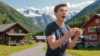 En ung voksen som hopper på en trampoline med et stort smil, omgitt av norske flagg og tradisjonelle klær.