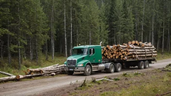 En naturskjønn utsikt over en norsk skog med tømmerhogst i bakgrunnen og en lastebil som frakter tømmer i forgrunnen.