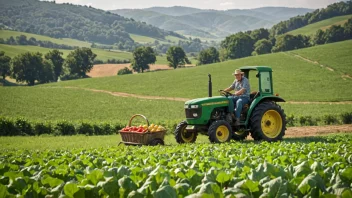 En bonde i et felt, med en traktor og en kurv med ferske produkter, omgitt av et landskap med rullende åser og grønne beiter.