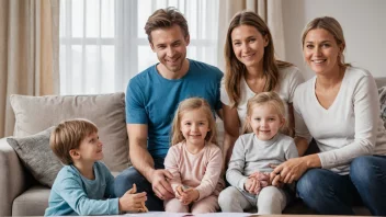 En familie med to barn sitter ved et bord med en laptop og papirer, smiler og ser lettet ut