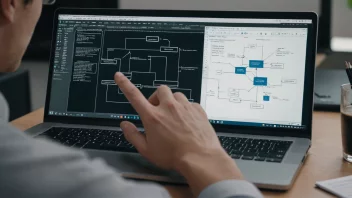 En person som arbeider på en datamaskin med et flytdiagram på skjermen, designer et datasystem