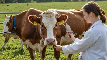 En veterinær som inspekterer en ku på en gård