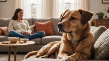 En hund som sitter på en sofa ved siden av eieren sin, med en varm og koselig stue i bakgrunnen.