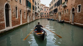 En gondolrører ror en gondol i en kanal i Venezia, Italia.