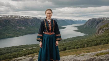 En person fra Finnmark, Norge, kledd i tradisjonelle klær, stående foran et naturskjønt landskap.