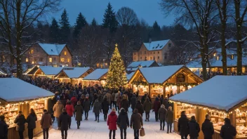 En julekunstmesse med en koselig atmosfære, med boder som selger håndlagde kunstgjenstander og lokale delikatesser.