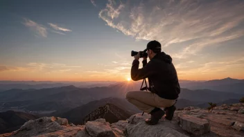 En landskapsfotograf i aksjon, tar bilder av naturens skjønnhet.