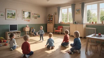 Et bilde av en norsk barnehage med barn som leker og en tilsynsperson som observerer.