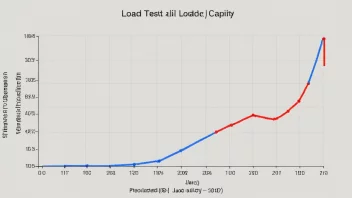 En graf som viser resultatene av en lasttest, med en rød linje som indikerer maksimal kapasitet og en blå linje som viser faktisk belastning.
