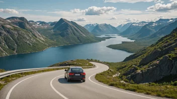 En bil som kjører på en svingete vei i norske fjell om sommeren, med en naturskjønn utsikt over en innsjø og fjell i bakgrunnen.