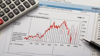 En graf som viser markedets indeks over tid, med en blanding av opp- og nedgang, og en kalkulator og finansielle dokumenter i bakgrunnen.