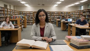 En bibliotekar som hjelper studenter med å finne bøker på et universitetsbibliotek.