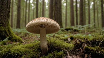 En myrkoll med mørk hatt og hvit stilk som vokser i skogen.