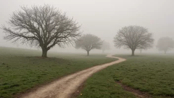 Et fredelig og drømmende landskap med en tåkete atmosfære.