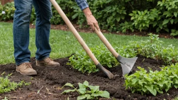 En person fjerner uønskede planter fra en hage med en hakke.