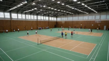 En moderne idrettshall med flere badmintonbaner og spillere i alle aldre som spiller sporten