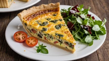 En quiche på en tallerken, dekorert med ferske urter og en sidasalat.