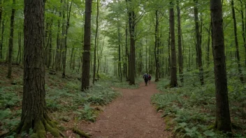 En fredelig skogsbane med noen turgåere som nyter landskapet.