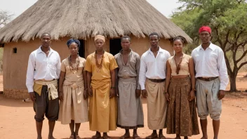 En gruppe tswana-folk i tradisjonelle klær, stående foran en tradisjonell hytte i savannen.