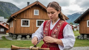 En person i tradisjonelle klær, som utøver en tradisjonell håndverk eller kunstform, med en bakgrunn av tradisjonell norsk arkitektur.