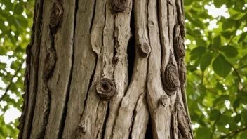 Et tredato-tre som står høyt i en skog, med sin særegne bark og blader på display.