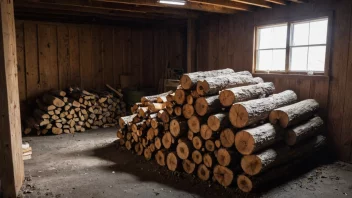 En samling av oppvarmingsbrensler, inkludert ved, pellets og kull, lagret i en garasje eller lagerrom.