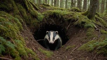 Et grevlingrede i en norsk skog, med trær og vegetasjon rundt.