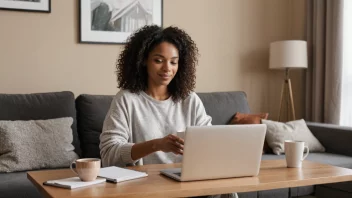 En person som arbeider hjemmefra med en laptop og en kopp kaffe