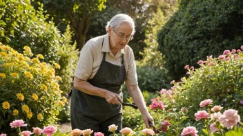 En eldre person som arbeider i en hage, omgitt av blomster og trær, med en varm og solrik bakgrunn.