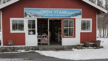 En butikk med en skilt som sier 'åpen åretrundt' på norsk, med en snøfull vinterbakgrunn og en solfylt sommerbakgrunn.