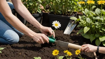 En person i en hage, omgitt av hageverktøy og blomster, som forbereder seg til sommeren