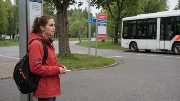 En person som venter på en bussholdeplass med et skilt som indikerer et tjenesteavbrudd.