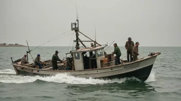 En fiskebåt om våren, med fiskere som haler inn en stor fangst.